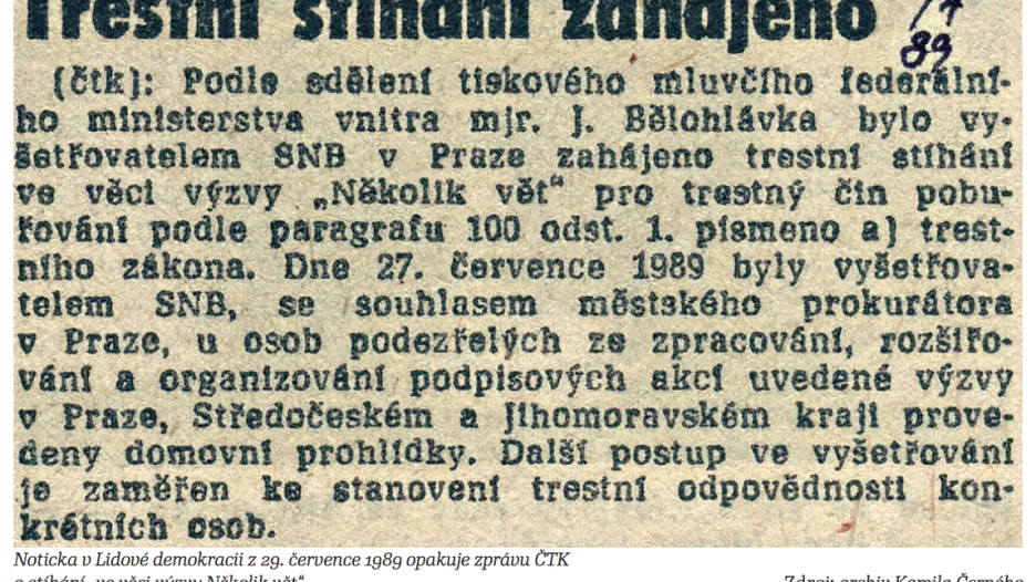Režim stíhá organizátory petice Několik vět za pobuřování (1989)