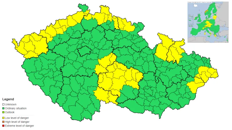 Varování ČHMÚ před sněžením (žluté okresy)