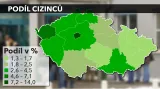 Podíl cizinců podle krajů v ČR