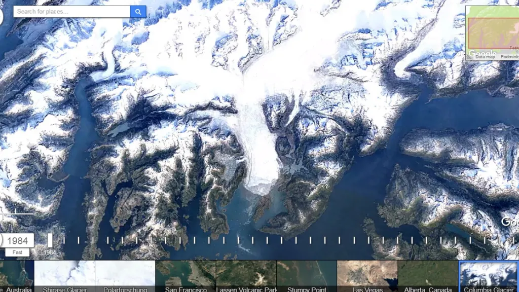 Aljašský ledovec Columbia na Google Earth Engine