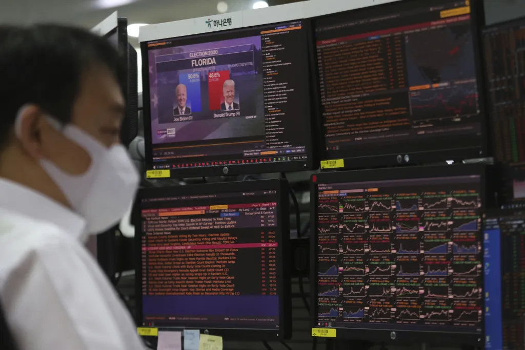 Americké prezidentské volby jsou sledovány s napětím po celém světě. Průběžné výsledky sleduje i burzovní makléř v jihokorejském Soulu