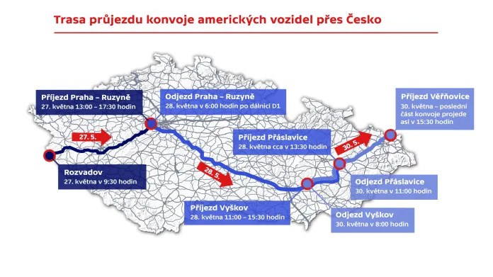 Trasa průjezdu konvoje amerických vozidel přes Česko