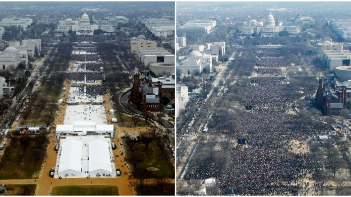 Srovnání účasti na inauguracích Trumpa (vlevo) a Obamy (z roku 2009)