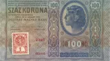 Rub kolkované stokoruny z roku 1912. Bankovka rakousko-uherské banky opatřena československým kolkem.