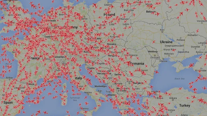 Hustota leteckého provozu nad Evropou