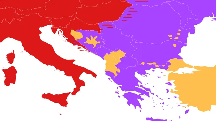 Porovnání hranice rozdělené Římské říše a současného rozšíření náboženství
