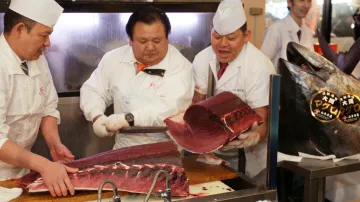 Kijoši Kimura (uprostřed) s rekordně vydraženým tuňákem