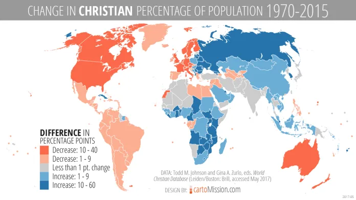 Změna podílu křesťanské populace 1970–2015
