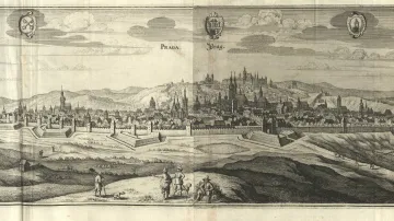 Matthäus Merian podle Karla Škréty, Veduta Prahy, 1650, lept s mědirytem z knihy Topographia Bohemiae, Moraviae et Silesiae (z výstavy Architektura v grafice 16.–18. století)