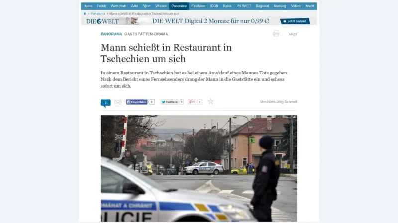 Die Welt informuje o střelbě v Uherském Brodě