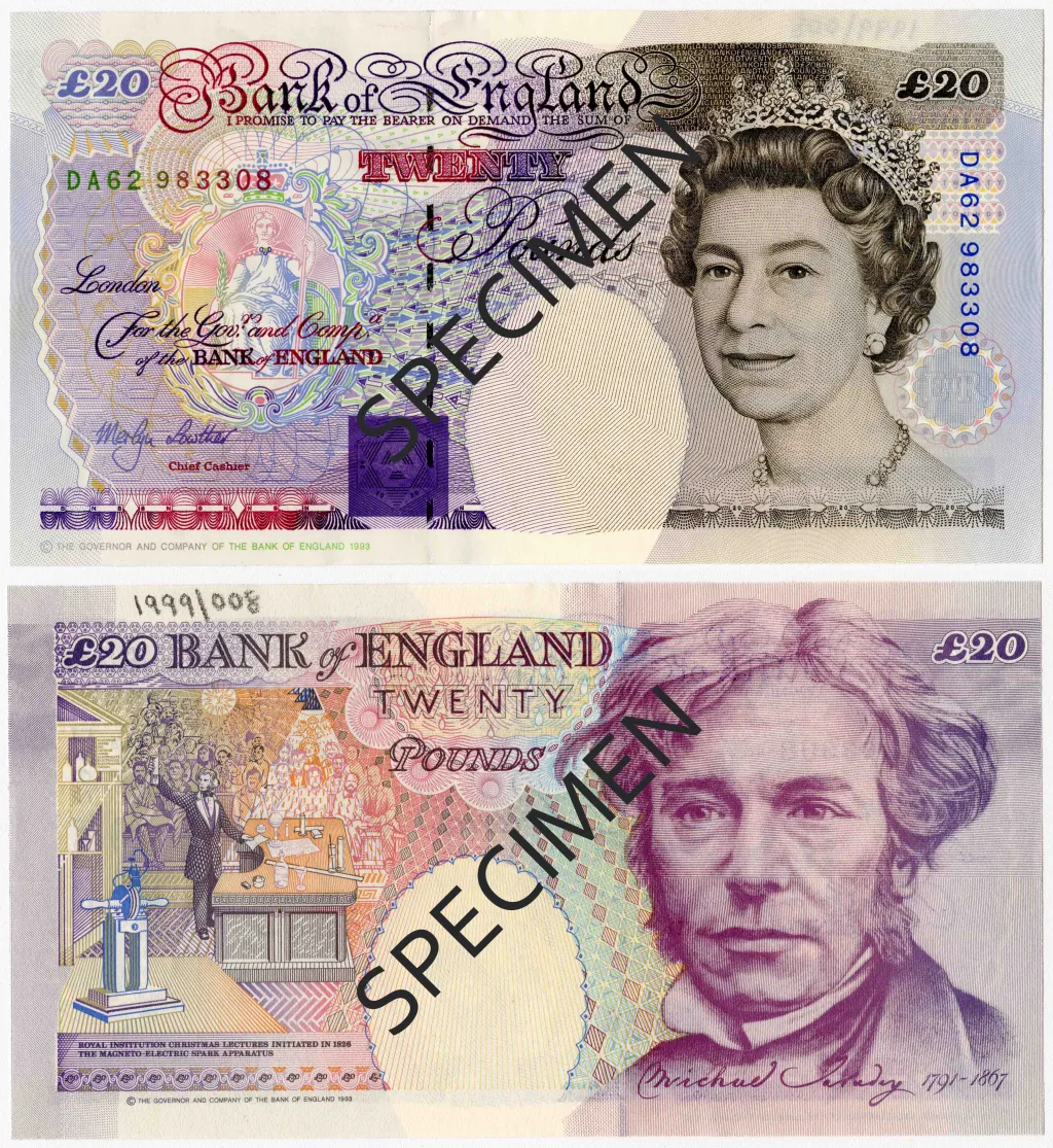 Bankovka série E s královnou Alžbětou II. a Michaelem Faradayem v hodnotě dvacet liber (v oběhu od 27. 9. 1993 do 28. 2. 2001)