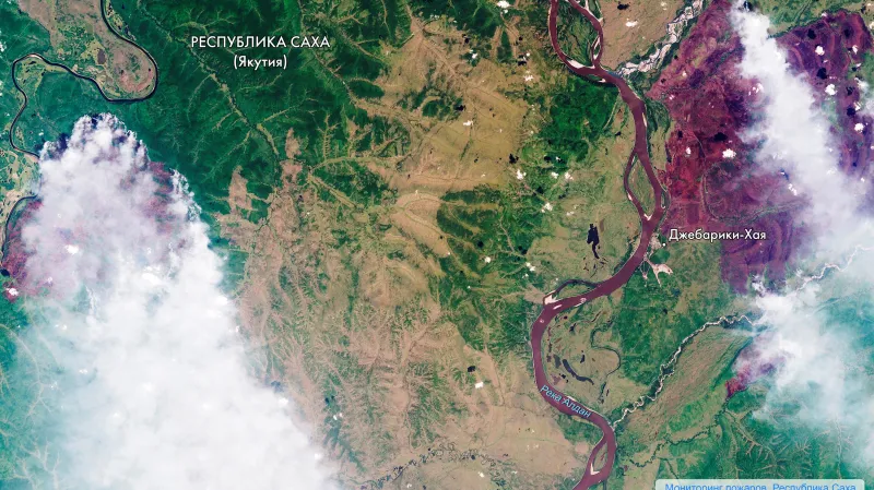 Satelitní snímek hořící Sibiře