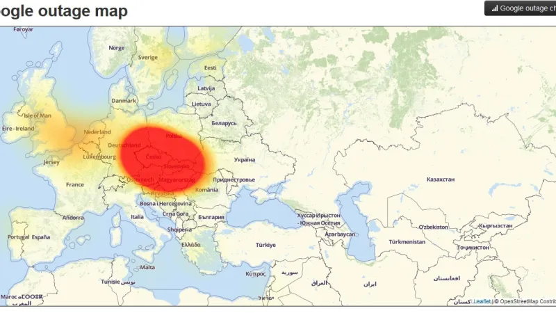 Mapa výpadku Google služeb