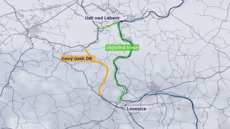 Nový úsek D8 a původní objízdná trasa přes Ústí nad Labem