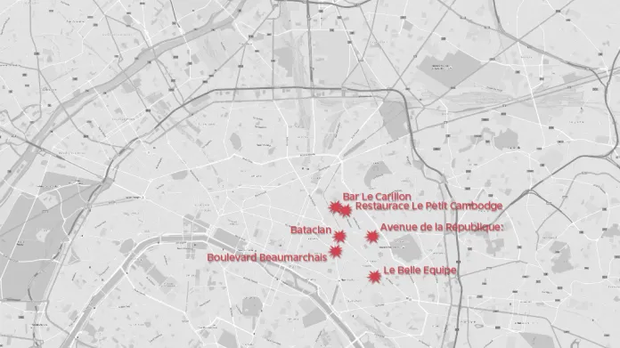 Místa útoků v Paříži