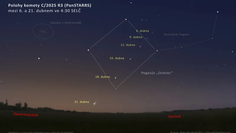Mapka pro vyhledání komety C/2026 A1. Kometa bude dobře vyhledatelná přibližně do 21. dubna vždy okolo 4:30 ráno v souhvězdí Pegasa