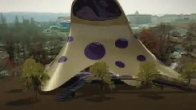 Návrh budovy, která měla stát na pražské Letné, od Jana Kaplického