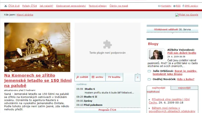 Web ČT24 v roce 2009