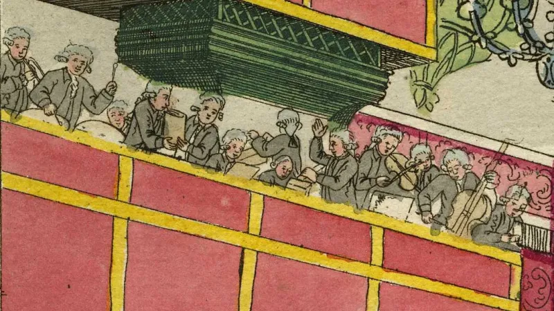 Antonio Salieri diriguje dvorní orchestr (výřez z mědirytiny Hieronymuse Löschenkohla, 1790)