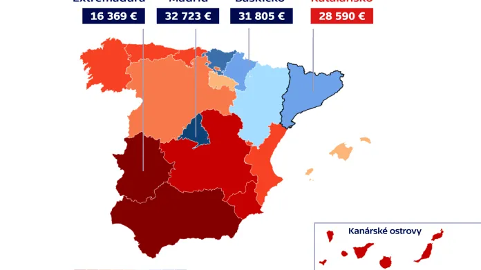Roční HDP na obyvatele v regionech Španělska