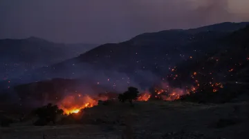 Lesní požár poblíž krétské vesnice Krya Vrysi