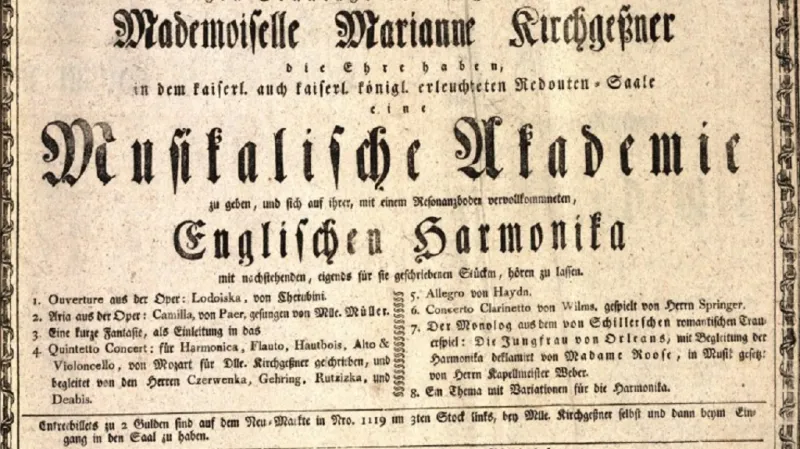 Pozvánka na vídeňský koncert Marianne Kirchgessnerové, na programu je skladba od Mozarta