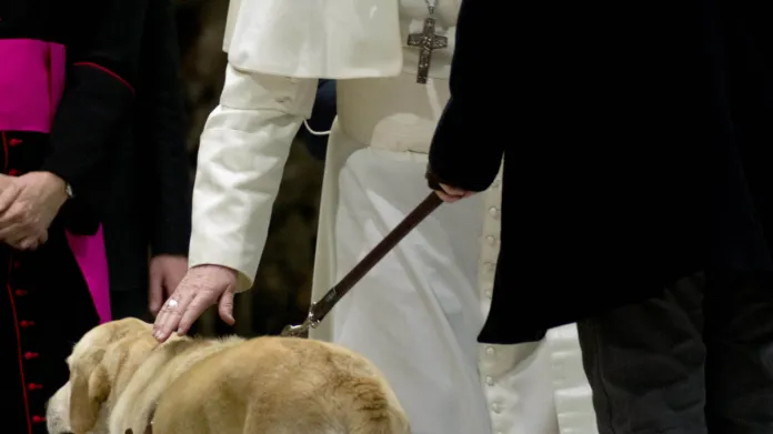 František dává požehnání psovi nevidomého novináře