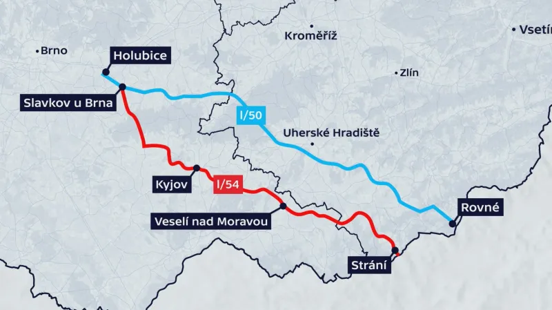 Zpoplatněná I/50 a nezpoplatněná silnice I/54