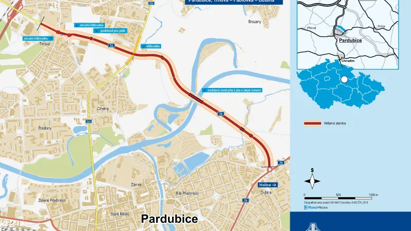 Mapa severovýchodního obchvatu Pardubic