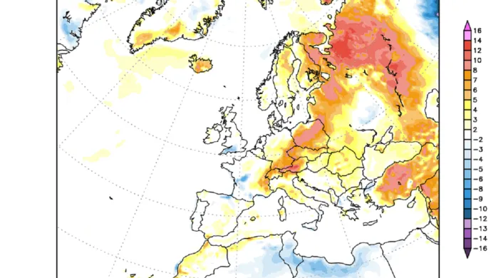 Předpověď odchylky teploty vzduchu ve dvou metrech nad zemí pro pondělní 14. srpna v poledne ukazuje pro střední Evropu teploty až o 8 °C vyšší než dlouhodobý průměr.