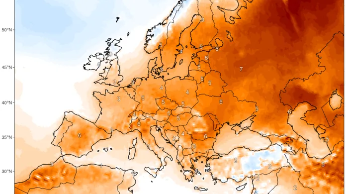 Odchylka teploty od průměru 1979–2000 v Evropě