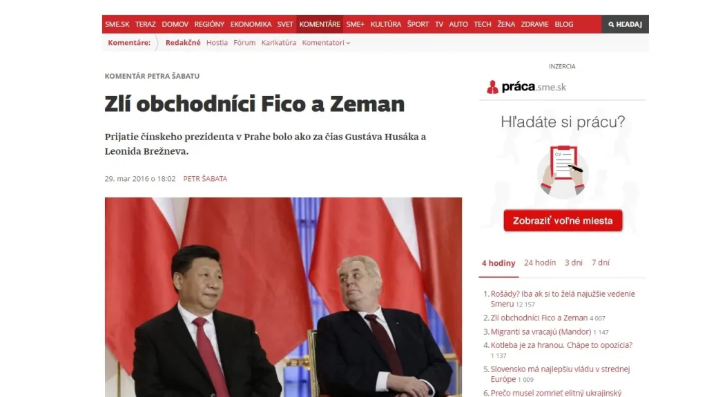 Sme komentuje návštěvu čínského prezidenta v ČR