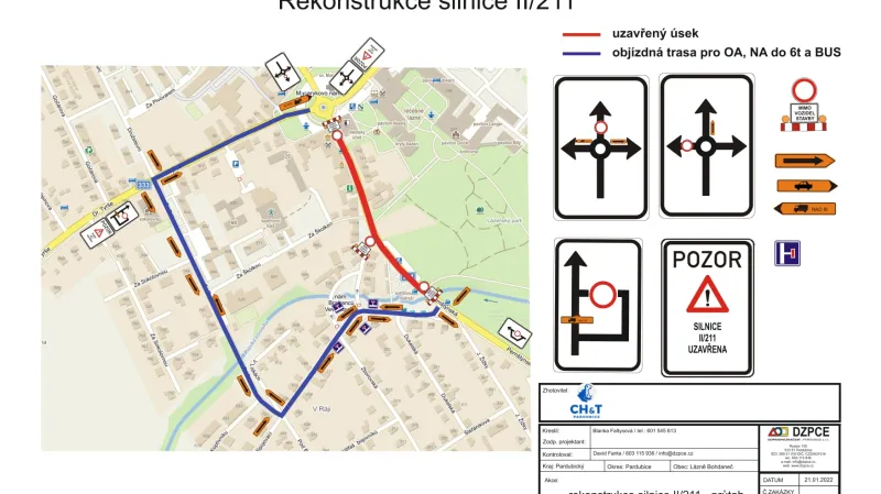 Uzavřená silnice v Lázních Bohdaneč