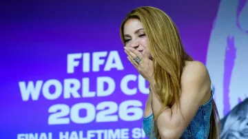 Shakira při prezentaci poločasové show pro finále fotbalového mistrovství