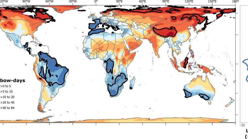 Změna počtu dní s duhou během tohoto století pro předpoklad vysokých emisí skleníkových plynů