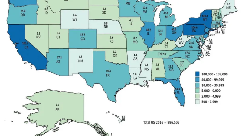 Počty osob ukrajinského původu v jednotlivých státech USA (2016). Rozmístění dodnes odráží hlavní destinace ukrajinských přistěhovalců na přelomu 19. a 20. století. Vyšší počty v Kalifornii a na Floridě souvisejí mimo jiné s migrací seniorů „za sluncem“