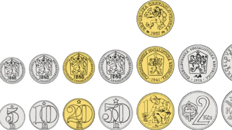 Lícní a rubové strany mincí obíhajících na konci roku 1989 (nominální hodnoty zavedené před rokem 1960 byly platné ve dvou vzorech, starší vzory však již byly v oběhu vzácné, jednak přirozenou obměnou za novější ročníky, jednak v důsledku utajené akce v polovině 60. let, při níž byli na vytřídění starších vzorů nasazeni do provozů poboček Státní banky československé i odborní referenti a vedoucí pracovníci)