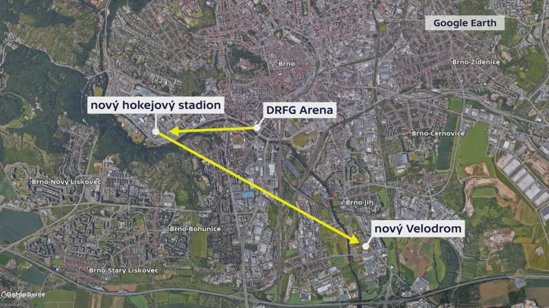 Mapa umístění stávajících a nových sportovišť v Brně