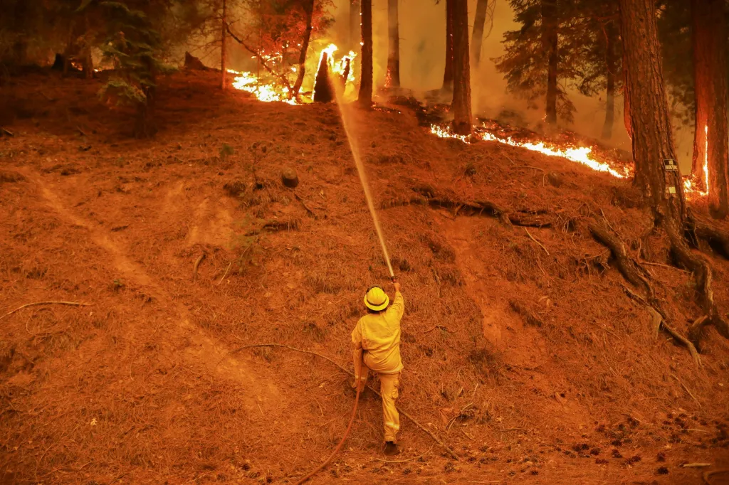 Hasič se snaží zvládnout oheň poblíž Taylorsville v Kalifornii