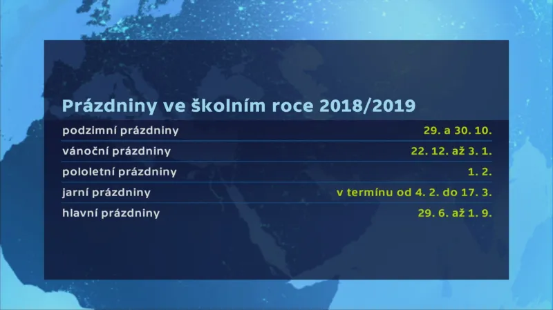 Přehled prázdnin ve školním roce 2018/2019