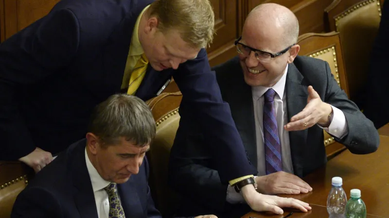 Šéfové koaličních stran Andrej Babiš (ANO), Pavel Bělobrádek (KDU-ČSL) a Bohuslav Sobotka (ČSSD)