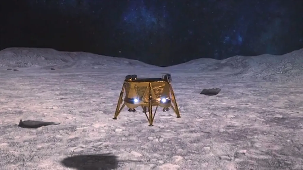 Vizualizace plánovaného přistání sondy Berešít na povrchu Měsíce
