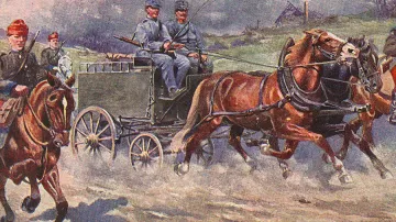 Pohlednice s kresbou poštovního polního balíkového vozu