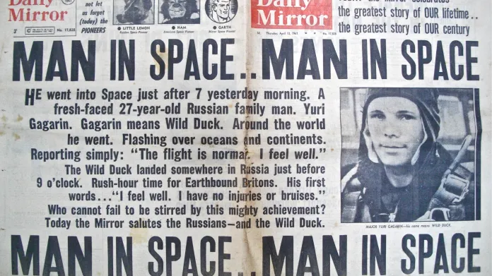 „Man In Space“ (Muž ve vesmíru), úvodní článek britského deníku Daily Mirror