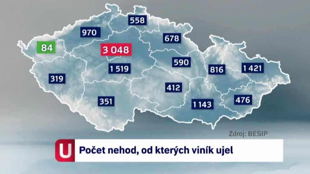 Počet nehod za rok 2012, od kterých viník ujel
