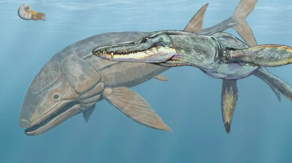 Leedsichthys a útočící dravý Liopleurodon