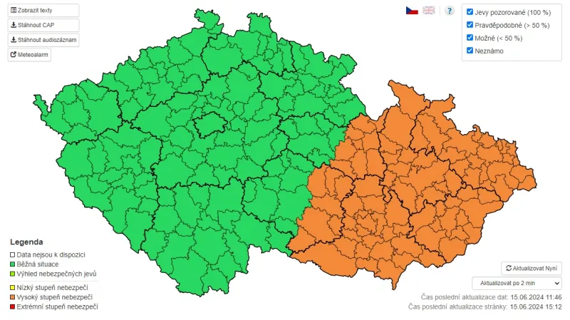Výstraha na bouřky 15. června 2024
