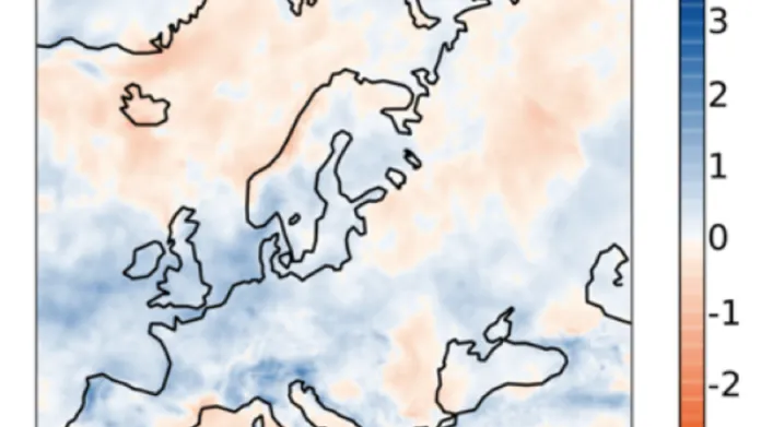 Odchylka srážek za posledních 12 měsíců v Evropě ukazuje na výrazně vlhčí oblasti v západní Evropě a na Britských ostrovech