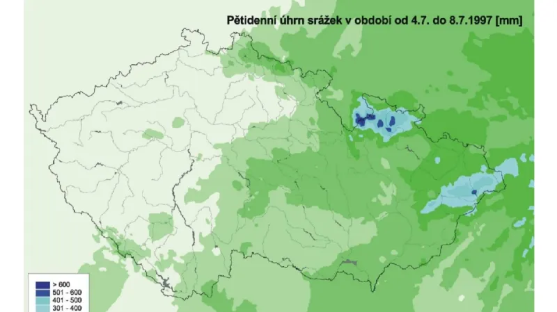 Pětidenní úhrn srážek od 4. do 8. července 1997