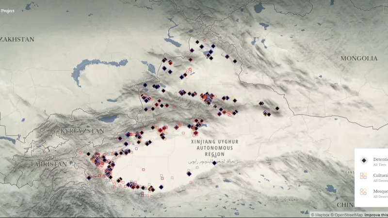 Mapa detenčních center, ničených kulturních památek a mešit v Sin-ťiangu podle ASPI
